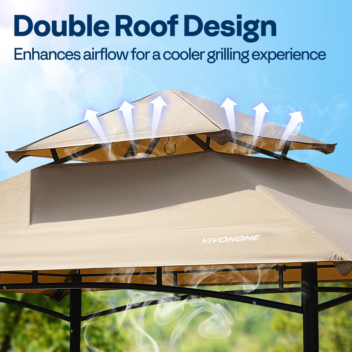 VIVOHOME Grill Gazebo Outdoor BBQ Patio Canopy Tent with Double Tiered Vented Top & 2 Side Shelves, Taupe VIVOHOME