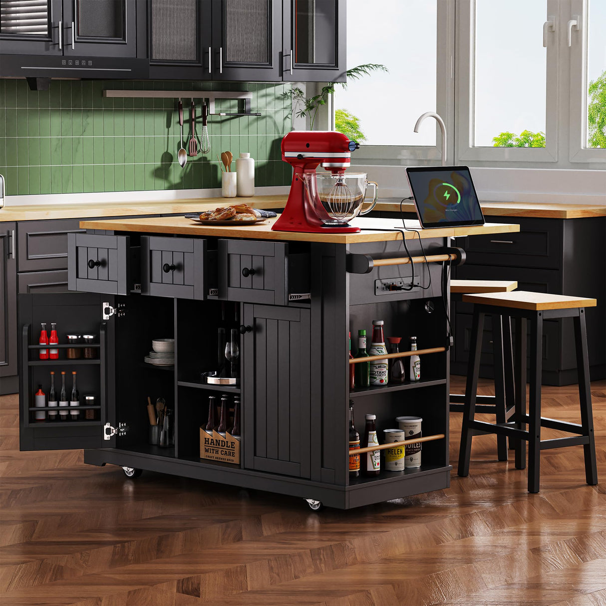 MEETFAV Rolling Kitchen Island with Drop Leaf and Power Outlet - Moveable Kitchen Storage Island & Carts with Racks, Drawers and Shelves for Dining Room MEETFAV