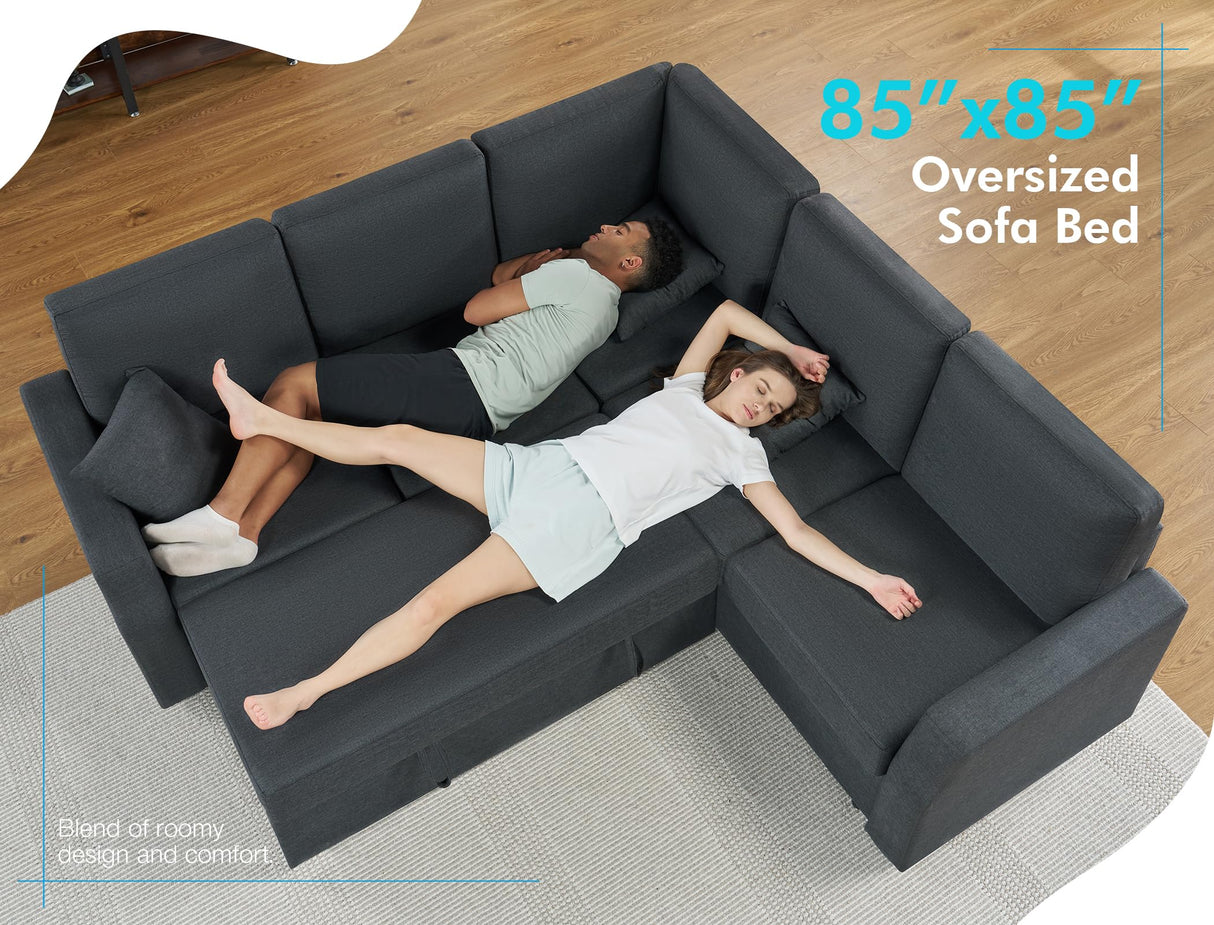 VanAcc Sofa Bed, 85 Inch Sleeper Couch with Storage Seat, L Shaped Sofa with Pull Out Sofa Bed, Sectional Couches for Living Room Apartment, Grey Linen Couch Sofa VanAcc