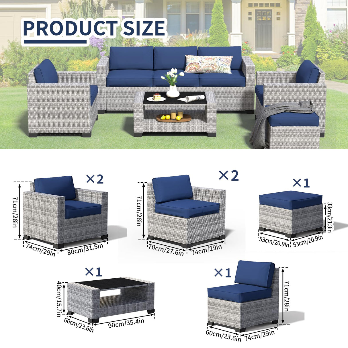 7 Piece Patio Furniture Set, Wicker Outdoor Sectional Sofa with Washable Cushion Covers and Tempered Glass Table, Rattan Conversation Set for Poolside, Lawn, Balcony (Navy Blue, Gray-white Rattan) SHGJ&SOFT