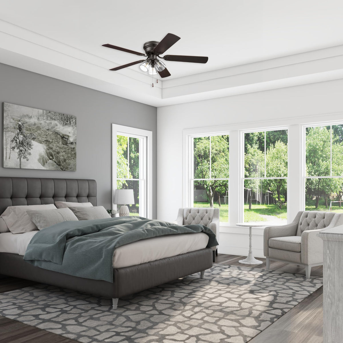 Portage Bay Ceiling Fans 52" Renton Bronze Indoor Fan with Clear 3 Light LED Multi Arm; E26/B11 Bulb and Pull-Chains, Traditional Style, 5 Reversible Barnwood/Dark Chestnut Blades, 51439 Portage Bay