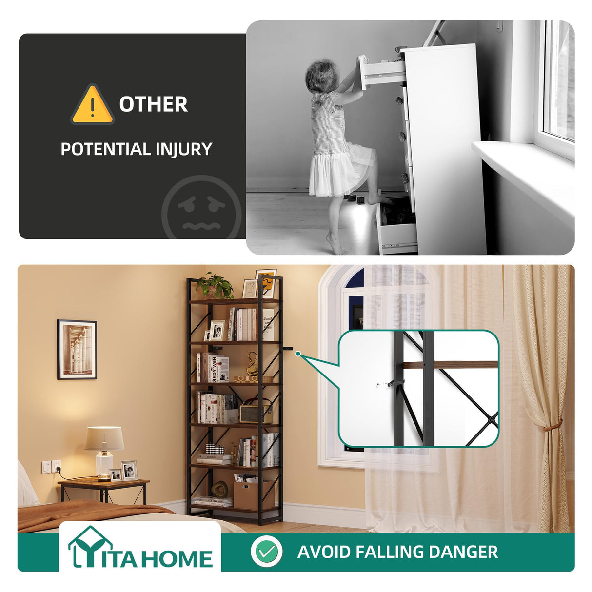 YITAHOME Rustic Brown 6-Tier Industrial Bookshelf - Open Display Storage Rack for Home and Office YITAHOME