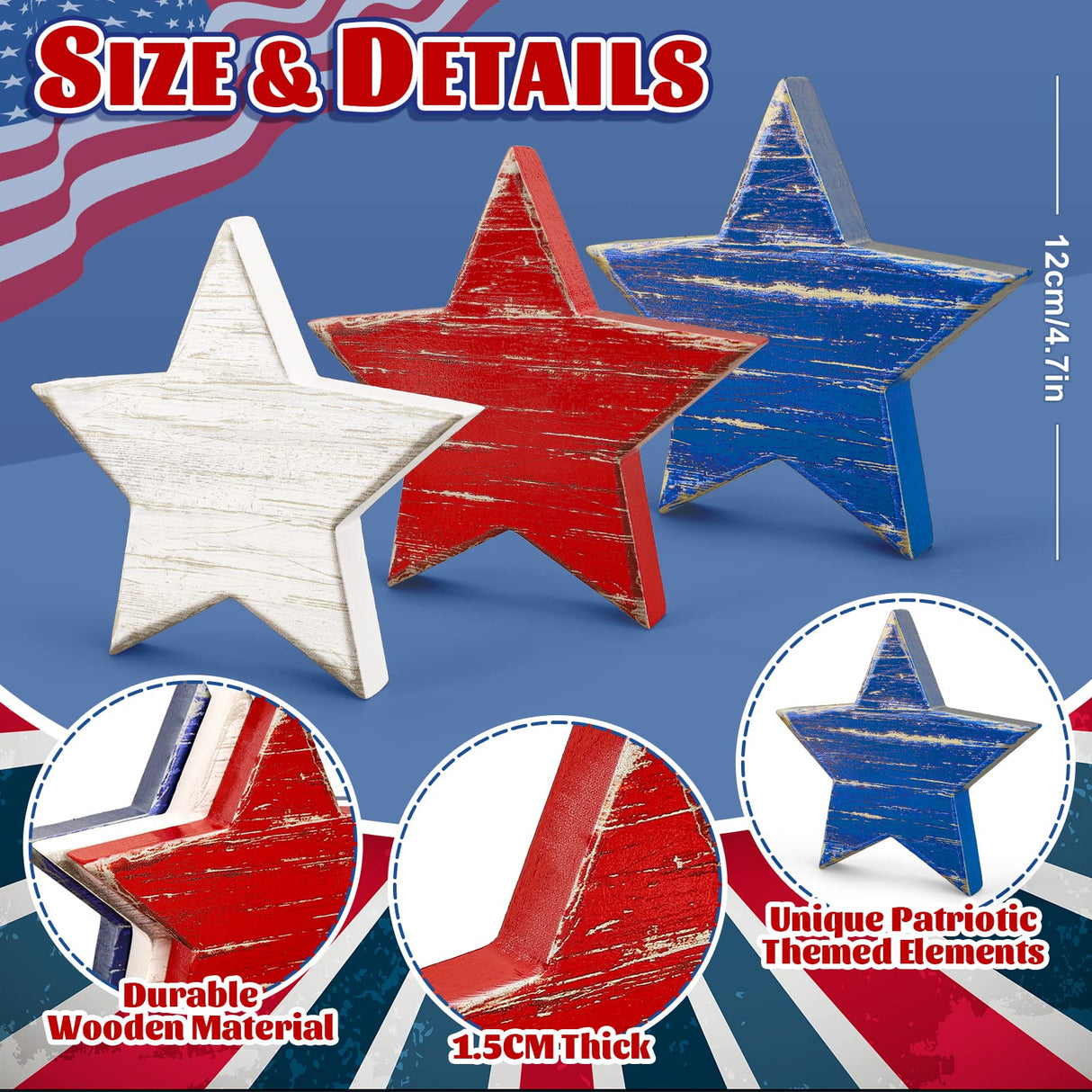 Whaline 4th of July Wooden Star Signs Patriotic Rustic Star Shape Tiered Tray Decor Red Blue White Wood Star Blocks Retro Freestanding Table Signs for Independence Day Farmhouse Home Decor, 3Pcs Whaline