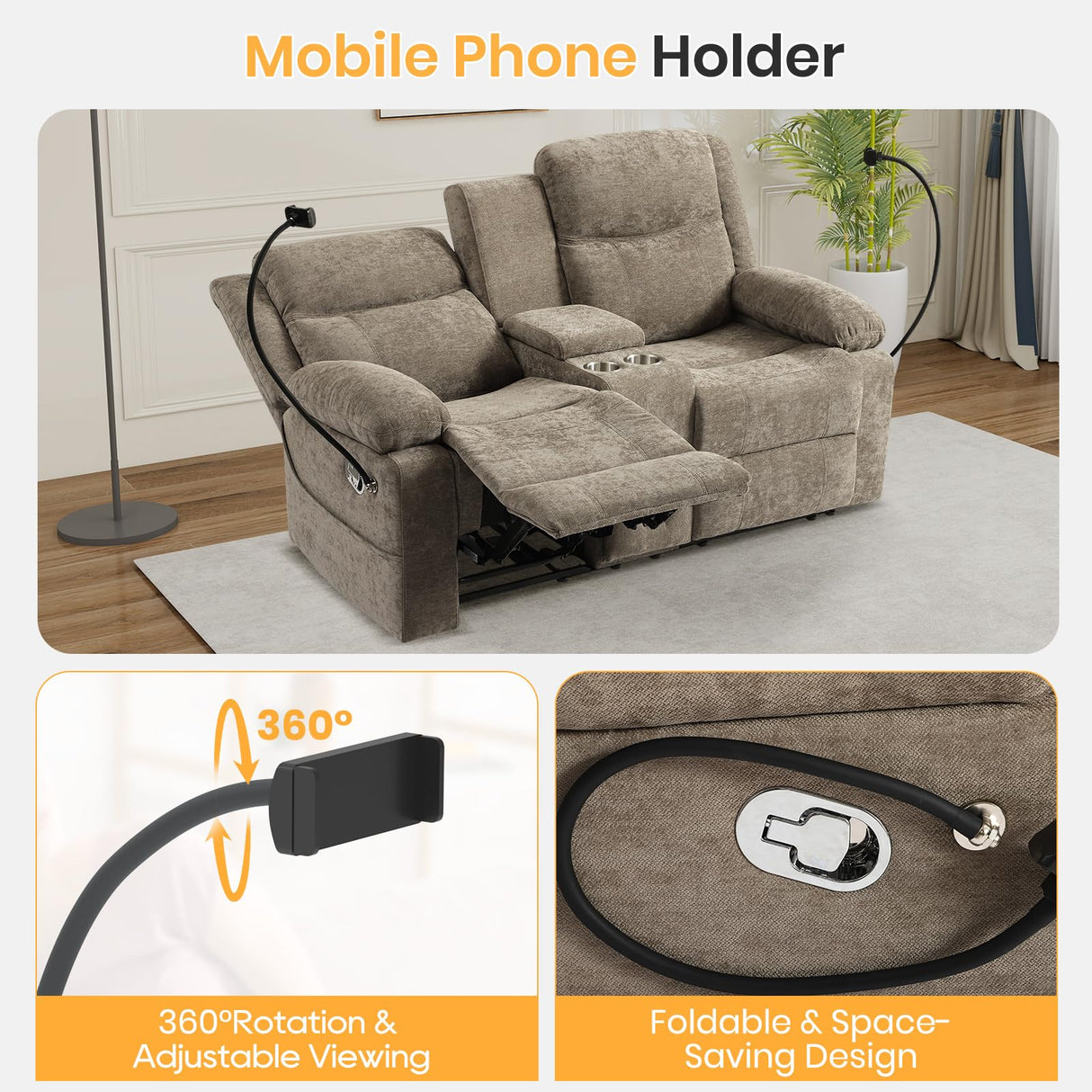 RIHEREFY Loveseat Recliner Sofa, Reclining Loveseat with Console, RV Wall Hugger Double Loveseat Recliner Couch for Living Room & Home Theater (Chenille-Camel) RIHEREFY