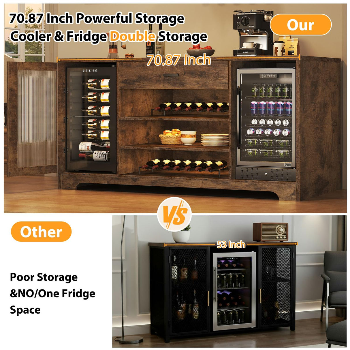 HSH Bar Cabinet with Mini Fridge Space, 70.9” Large Wood Wine Cabinet with Cooler Space, Farmhouse Long Liquor Cabinet with Drawer Storage, Metal Sideboard Buffet for Kitchen Dining Room, Rustic Brown HSH