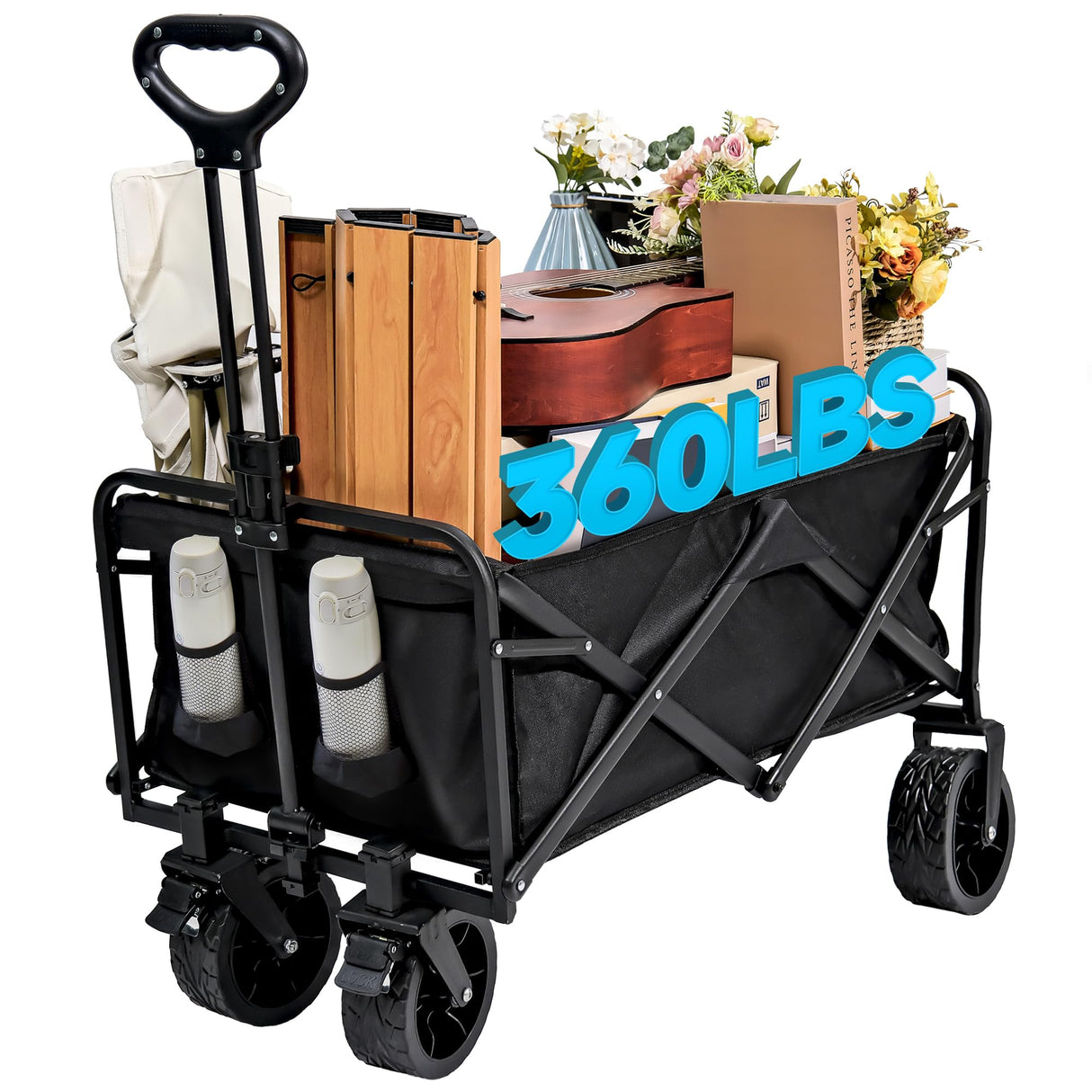 welsteepse Collapsible Foldable Wagon, Heavy Duty Folding Utility Garden Cart Wagon for Sports, Camping, Garden, and Shopping, Black welsteepse
