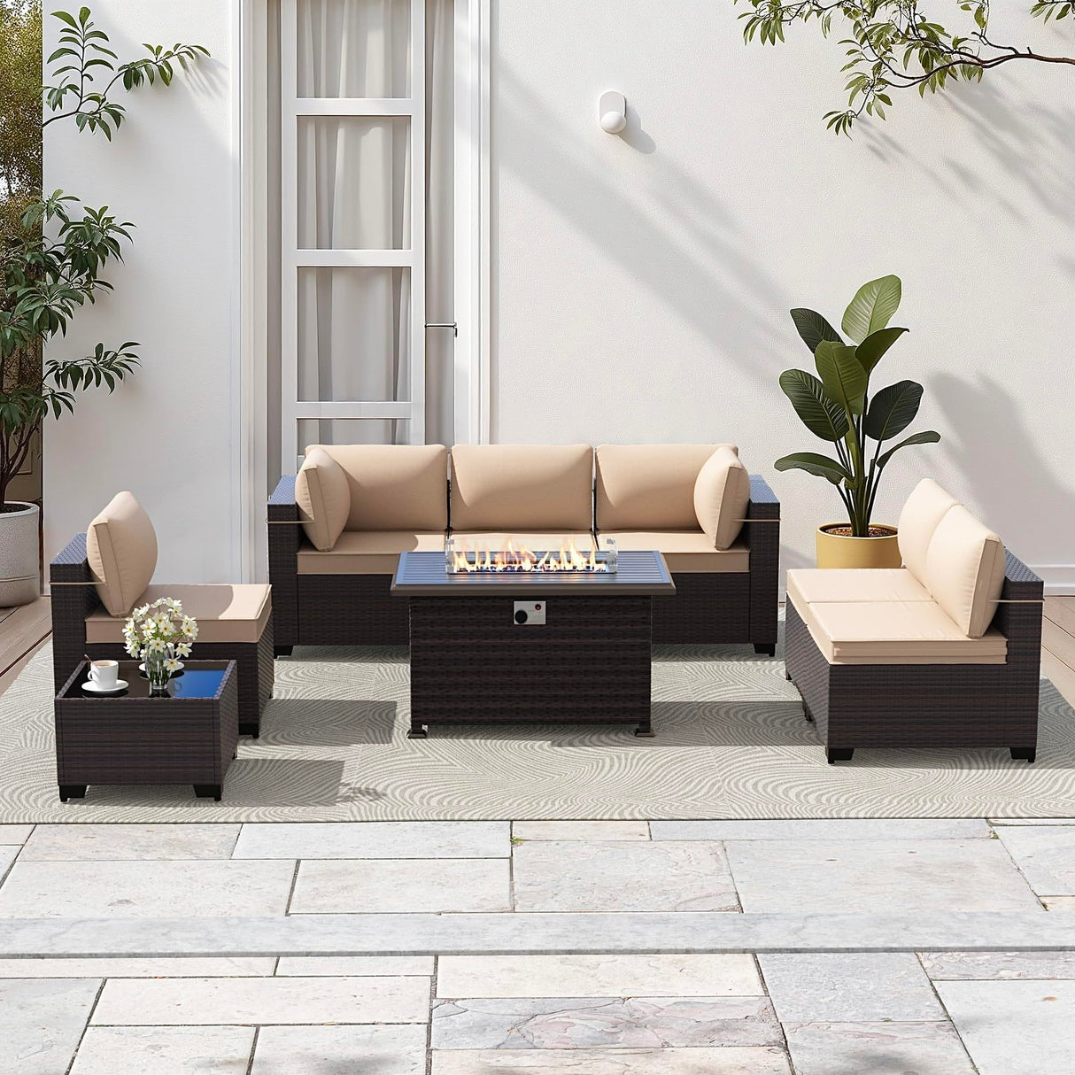 Gotland 8 Pieces Patio Furniture Set with 55000BTU Fire Pit Table, 6 Seater Wicker Patio Set with 29.5'' High Backrest Thick Cushions 1 Coffee Tables for Porch, Deck, Garden Khaki Gotland