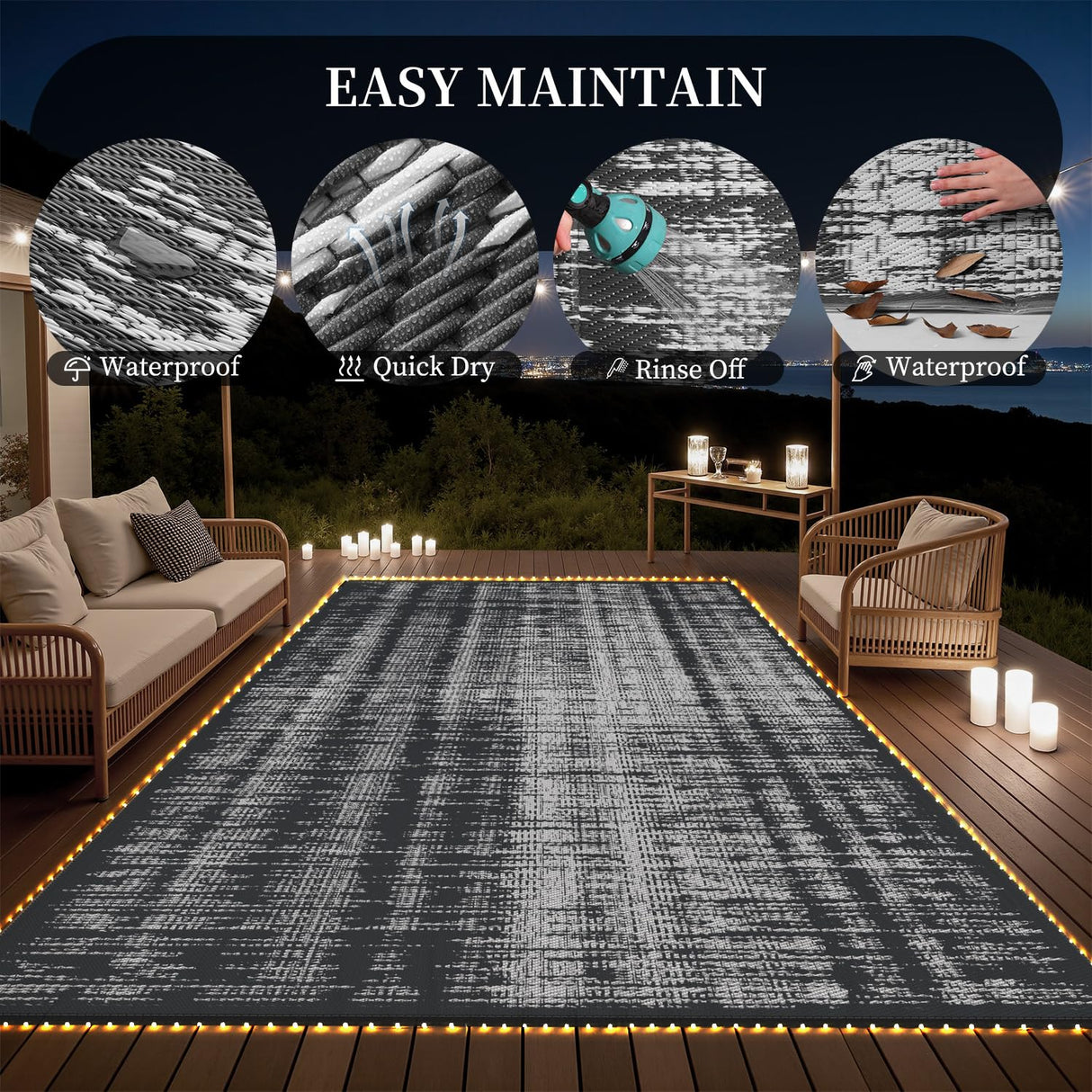 MontVoo Outdoor Rug Waterproof 6x9 ft with Strip Lights Outdoor Patio Rug Mat Reversible Plastic Straw Rug Outside Outdoor Rug for RV Camping Picnic Balcony Backyard MontVoo