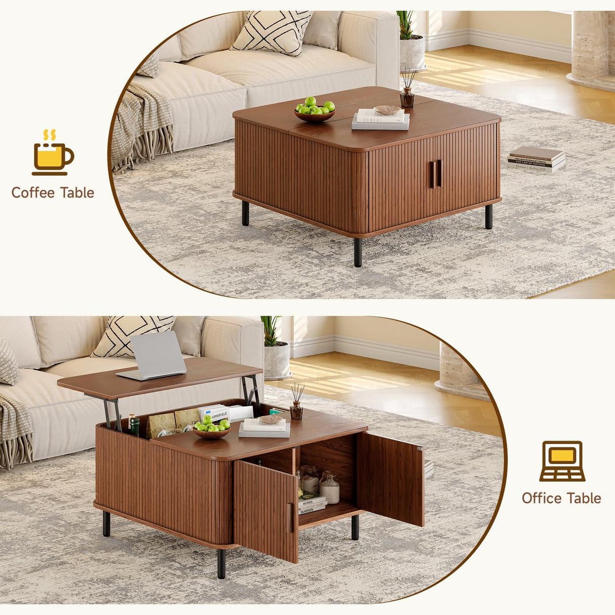 ONBRILL Lift Top Coffee Table with Large Hidden Compartment, Wood Square Coffee Table with Adjustable Footpads, Mid-Century Modern Lift Tabletop Dining Table for Living Room, Home Office, Walnut ONBRILL