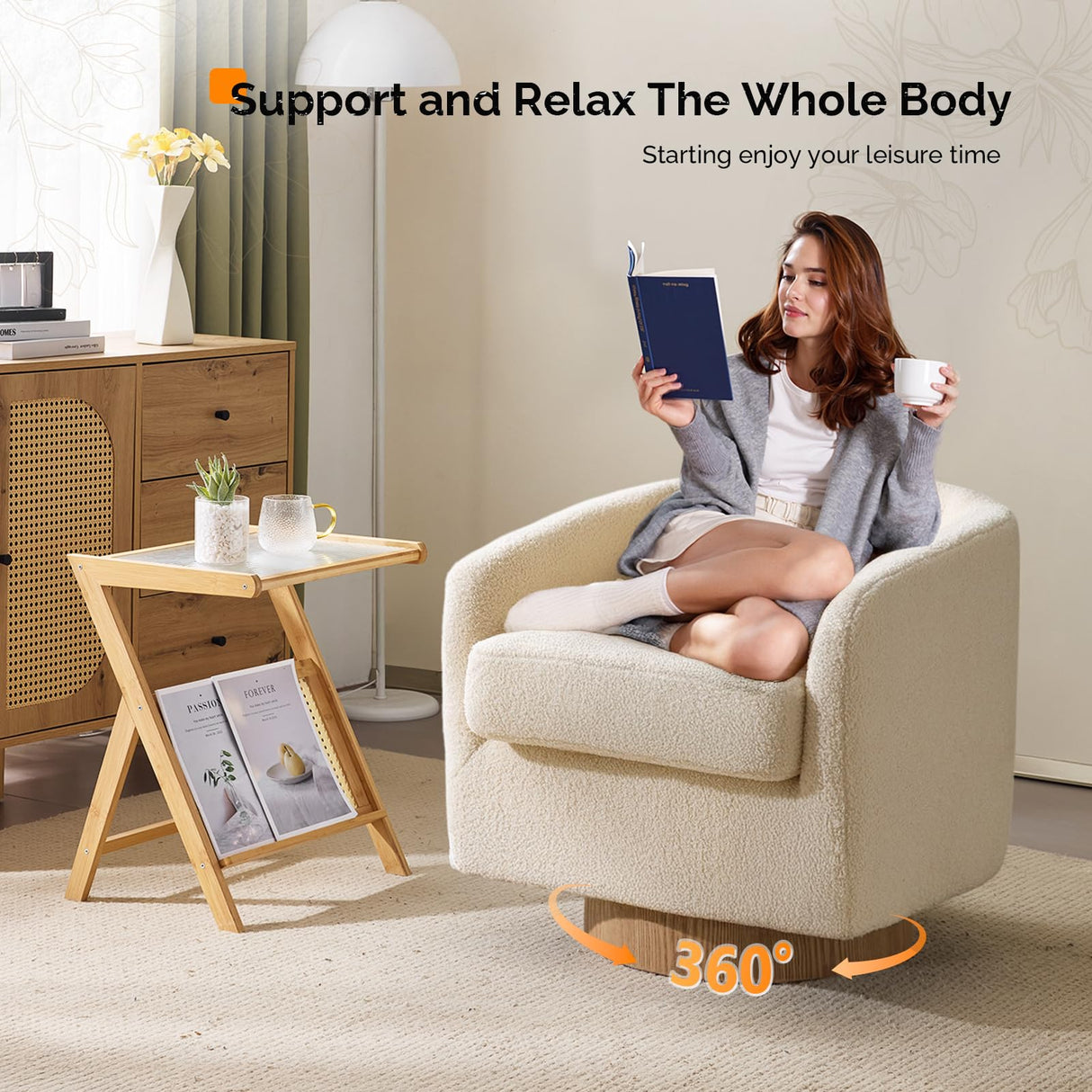 VINGLI 360°Swivel Accent Chair with Engineered Wood Base and Removable Cushion for Living Room, Bedroom, Curved Back Barrel Chair for Small Space, Upholstered Bucket Armchair, Teddy Khaki VINGLI