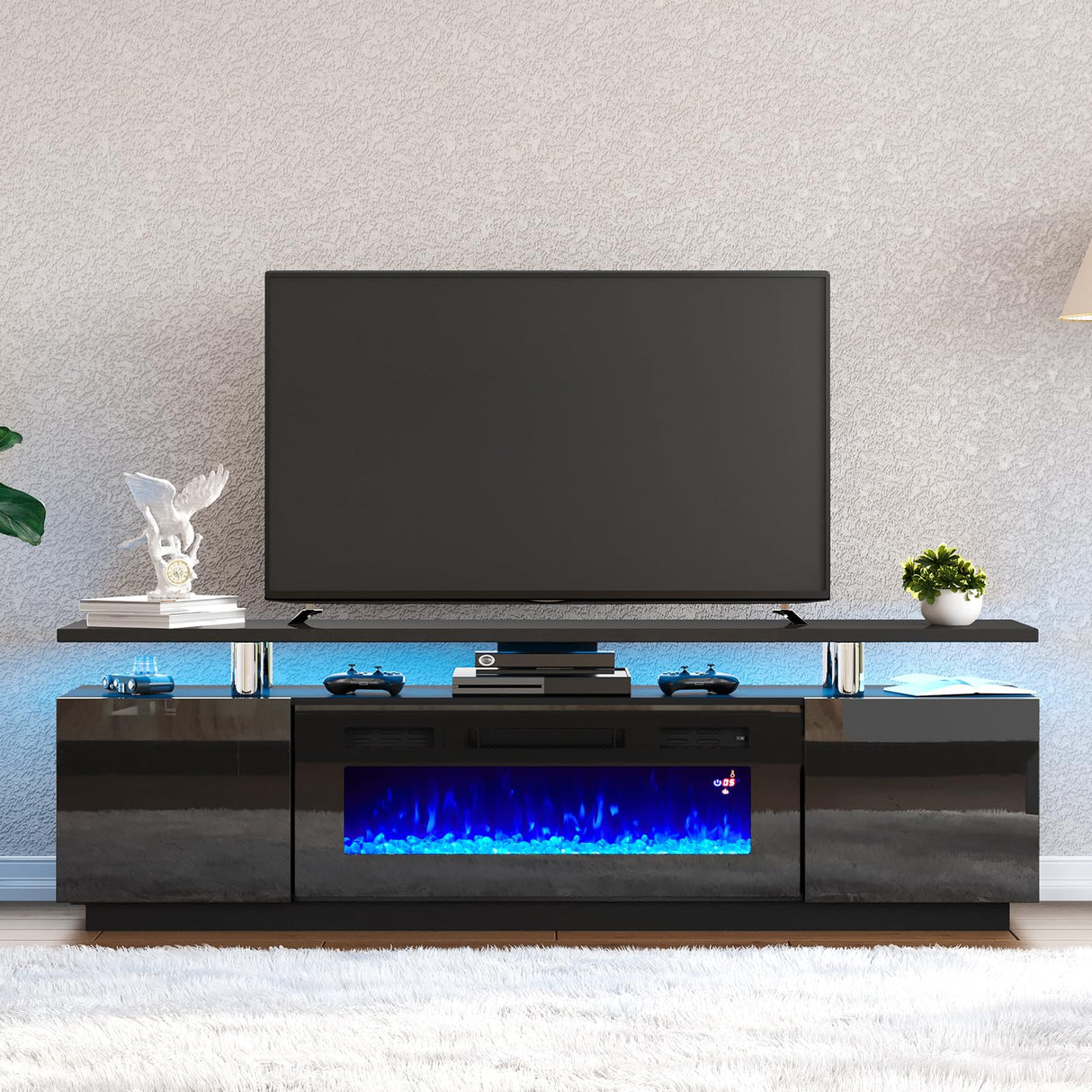 AMERLIFE Fireplace TV Stand with 36" Fireplace, 70" Modern High Gloss Fireplace Entertainment Center LED Lights, 2 Tier TV Console Cabinet for TVs Up to 80", Obsidian Black AMERLIFE