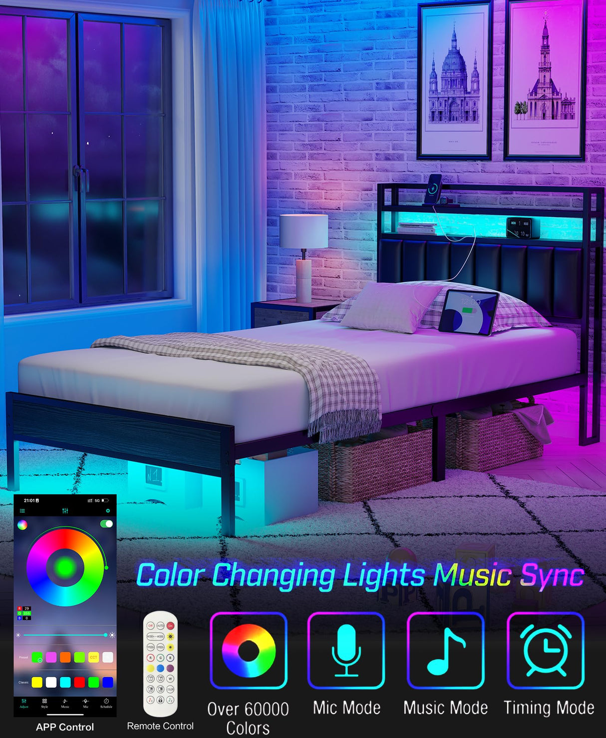 CollaredEagle Twin Size Bed Frame with Headboard, Metal Bed Frame with Charging Station and LED Lights, Heavy Duty Bed with Storage Shelves,Noise Free,No Box Spring,Black CollaredEagle