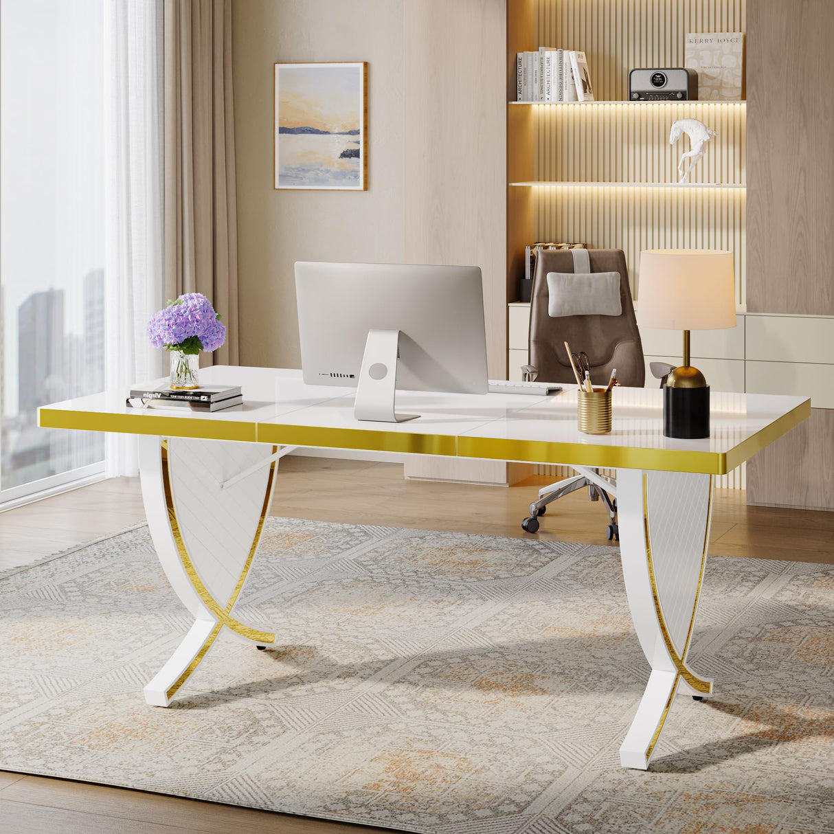 Tribesigns Luxury Modern Office Desk, White and Gold Large 63" Workstation, Elegant Executive Desk with High-Gloss Finish, Sturdy Metal Legs, Perfect for Home Office or Study Tribesigns