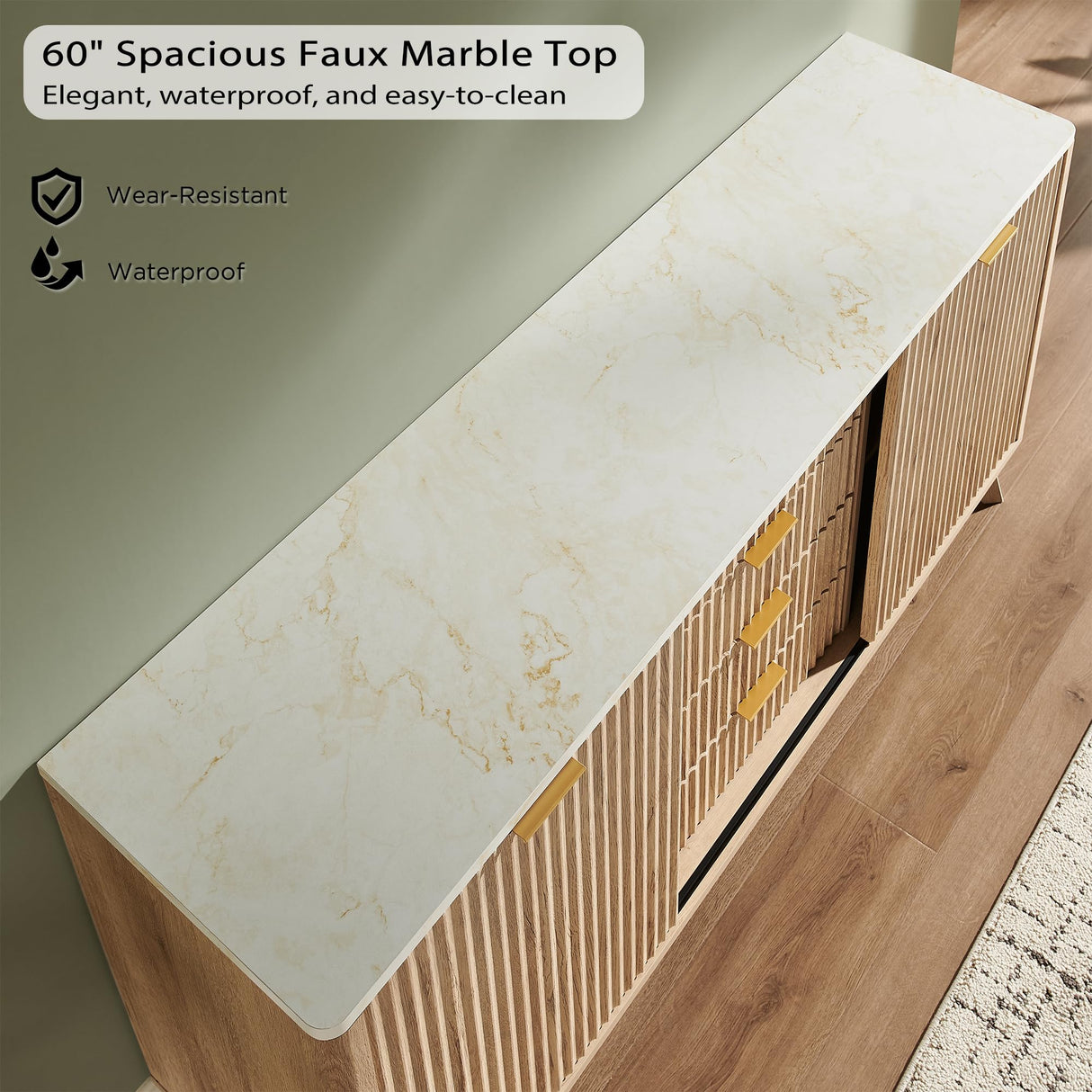 T4TREAM 60" Fluted Dresser with Sliding Doors and 4 Drawers, Modern Chest w/Faux Marble Top, Curved Profile Design, Dresser TV Stand, Wood Drawer Organizer for Bedroom, Living Room, Natural Oak T4TREAM