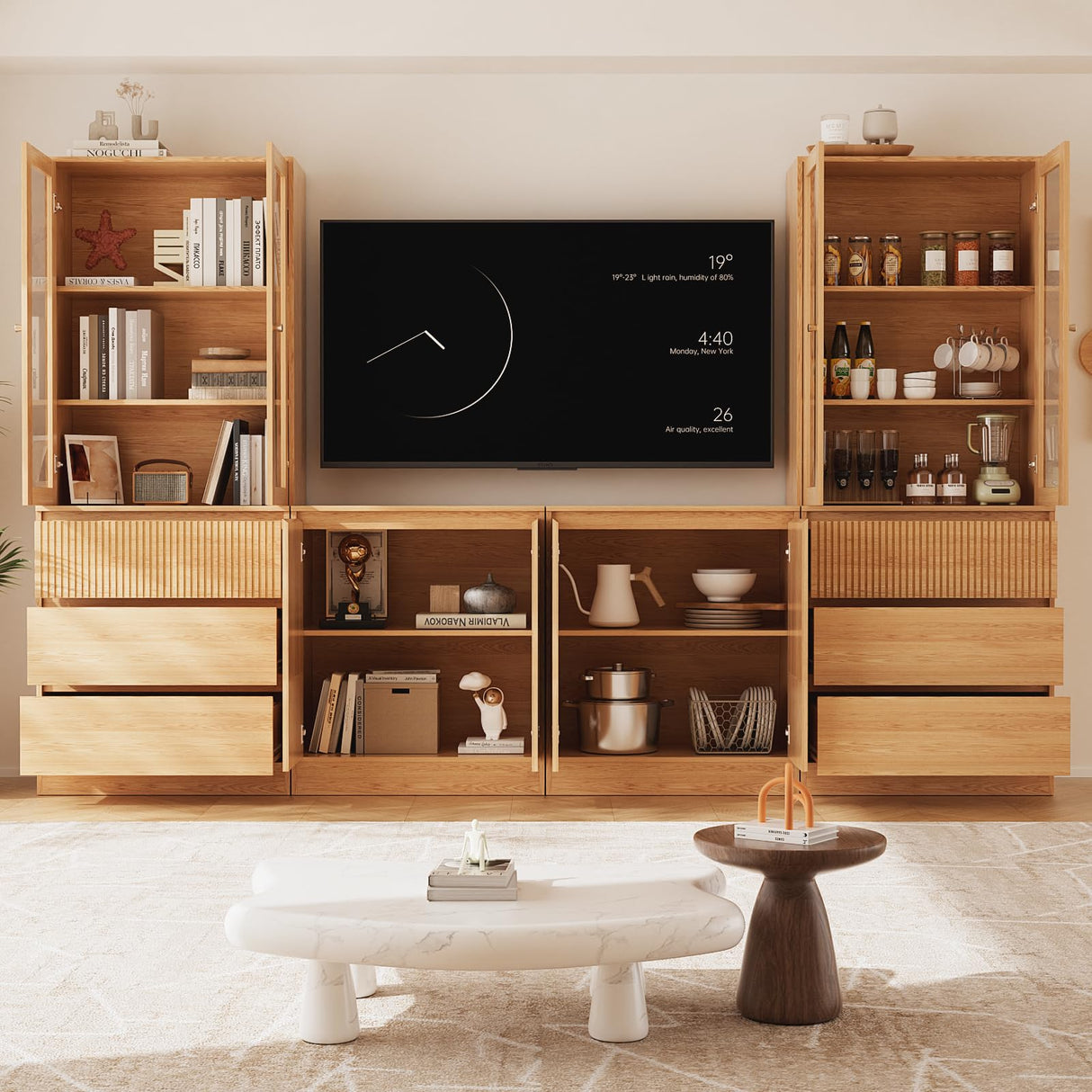 TUSY 4-Piece Large TV Stand with Bookshelves for TVs up to 75", TV Hutch with Tempered Glass Doors and Shelves, TV Entertainment Center Media Center with 2 Tall Cabinets for Living Room (D+2G+D) TUSY