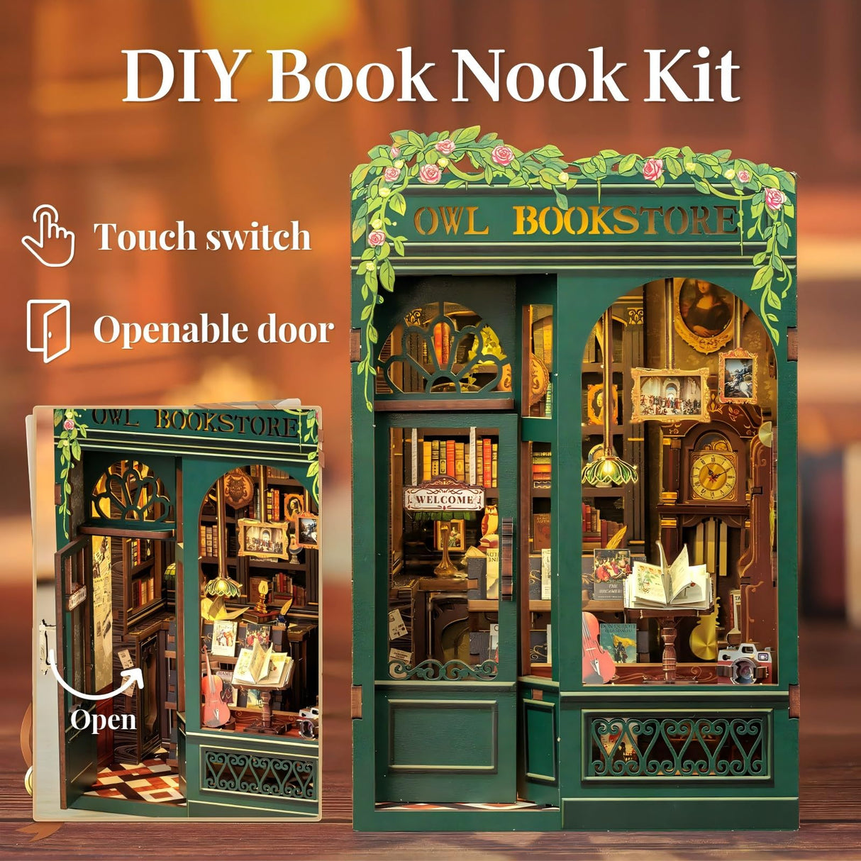Fsolis Book Nook Kit, DIY Miniature Dollhouse Kit 3D Puzzles for Adults Mini House Tiny Home Bookshelf Decor DIY Project for Women Teenagers Craft Hobbies Gifts for Book Lovers(OWL Bookstore) Fsolis