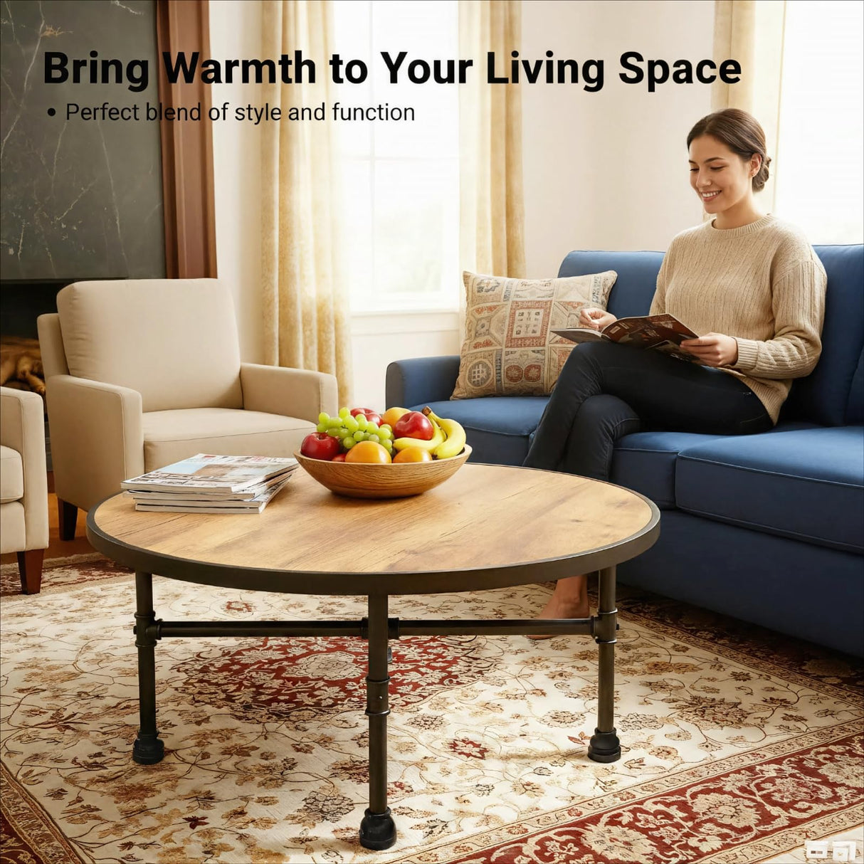 ZYUXUAN Industrial Round Coffee Table, Circle Wood Pottery Barn Coffee Table with Heavy Duty Metal Pipes Legs, Accent Cocktail Table Center Table with Open Shelf Storage for Living Room Home ZYUXUAN