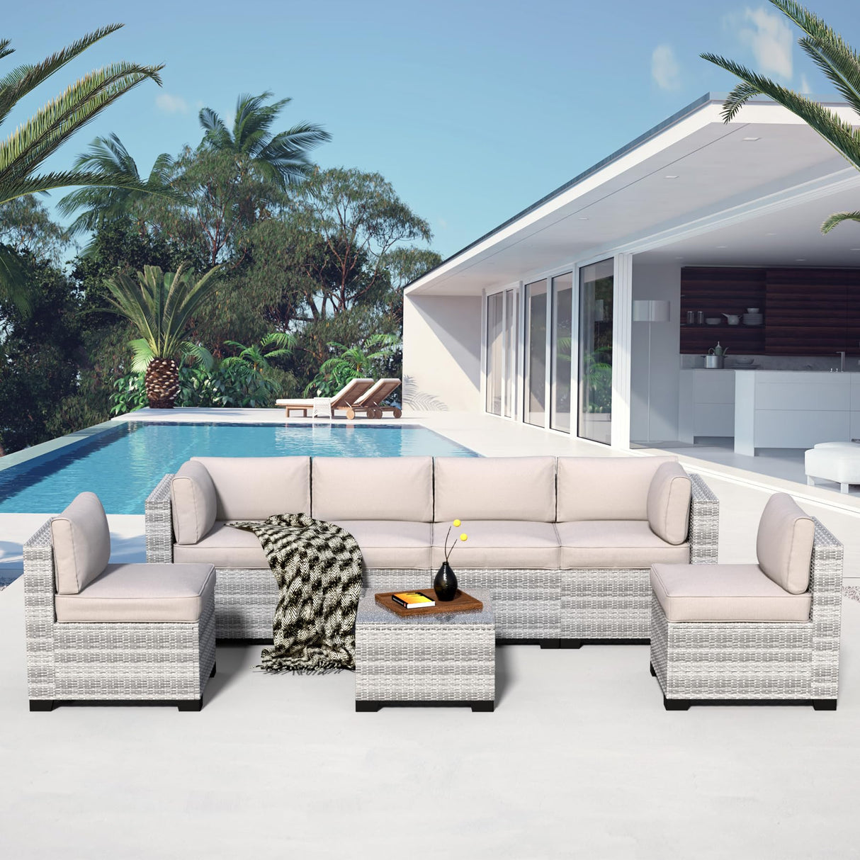 7-Piece Outdoor Sectional Patio Furniture Set, All-Weather Wicker Rattan Sofa w/Thick Washable Cushions & Tempered Glass Table, Perfect for Garden, Poolside, Backyard (7, Graywhite&Offwhite) YLGJ&TIDY
