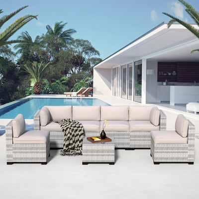 7-Piece Outdoor Sectional Patio Furniture Set, All-Weather Wicker Rattan Sofa w/Thick Washable Cushions & Tempered Glass Table, Perfect for Garden, Poolside, Backyard (7, Graywhite&Offwhite)