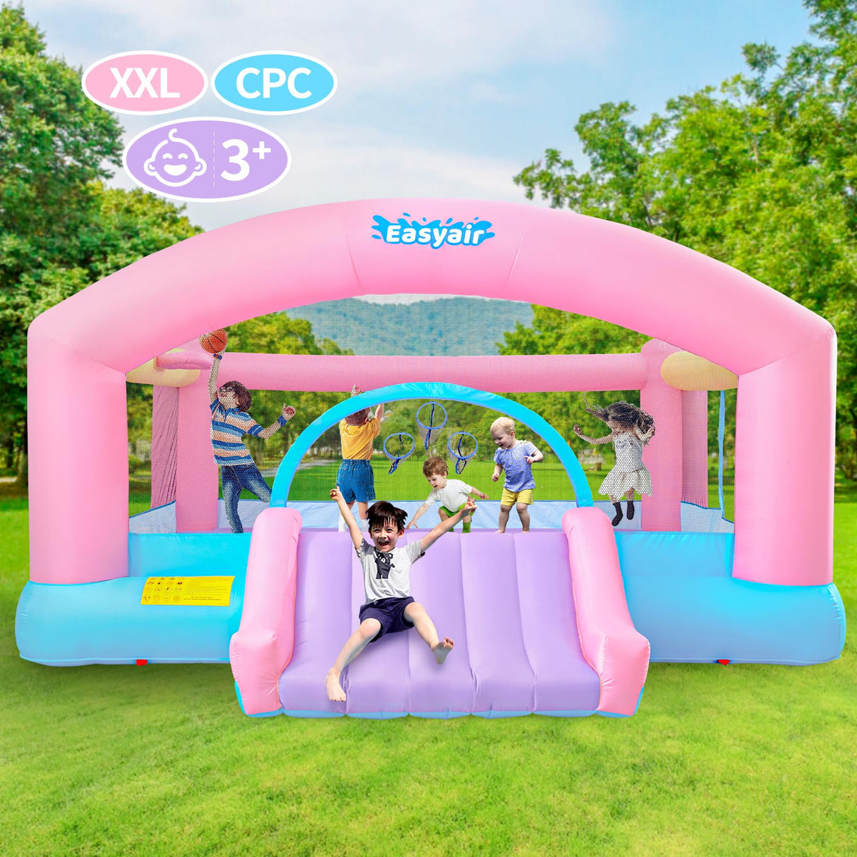 Easyair Large Bounce House Holds 6 Kids, 14.8 x 14.5 FT Inflatable Bouncer Jumper Slide with 650W Blower, Basketball Hoop, Throw Ball Game, Ball Pits (Pink, 177" L x 174" W x 94" H) EASYAIR