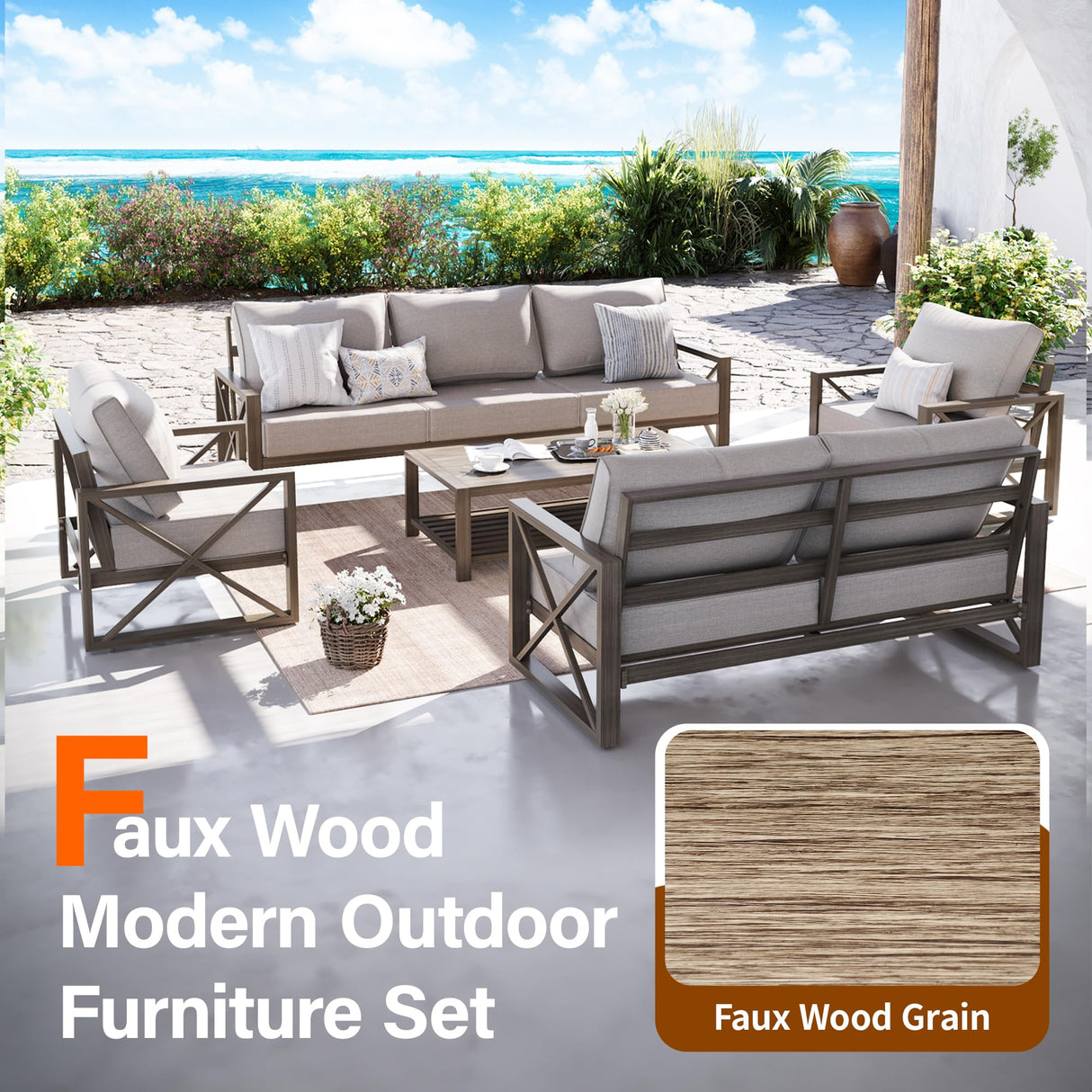 UDPATIO Faux Wood Grain Aluminum Patio Furniture Set 5 Pieces Modern Outdoor Furniture Patio Conversation Sets with Olefin Fabric Thick Cushions and Coffee Table, Include 600D Waterproof Cover UDPATIO
