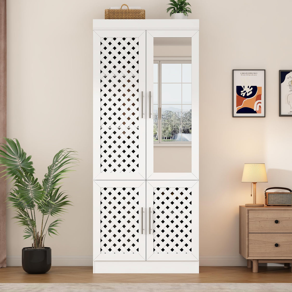 chartustriable Armoire Wardrobe Closet with Woven Doors and Mirror 75.6" Large Armoire Wardrobe Cabinet with Storage Drawers and Hanging Rail, Freestanding Closets for Bedroom chartustriable
