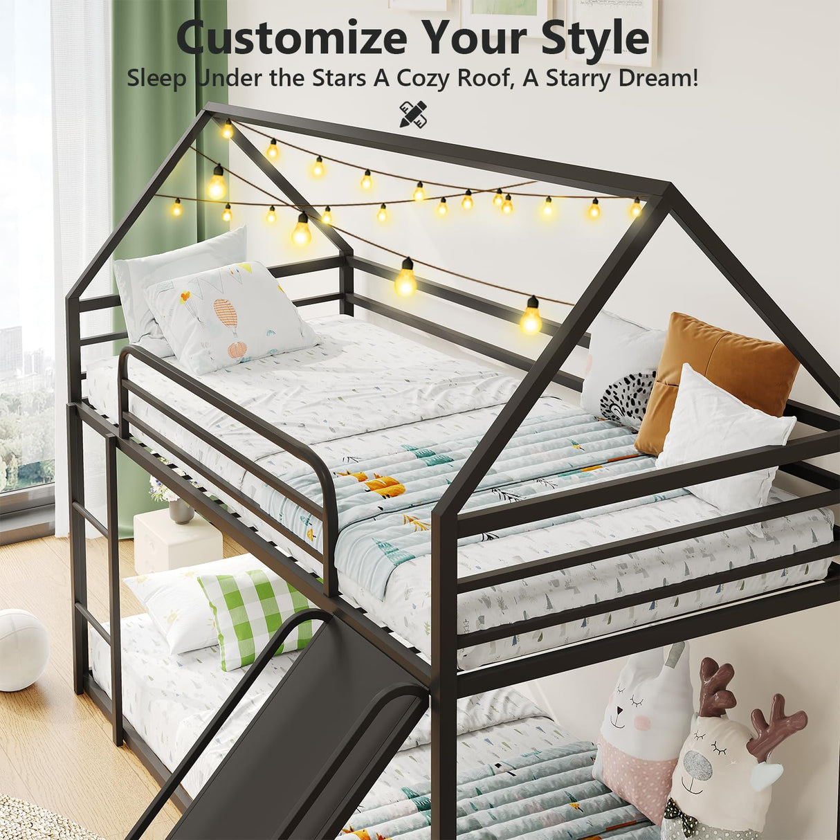 YIORTWO Twin-Over-Twin Low Metal Bunk Bed with Convertible Slide, Montessori Floor Bunk Bed Frame with Curved Edges Guardrail, Heavy Duty Metal Bed with House Shape and Roof for Kids, Black YIORTWO