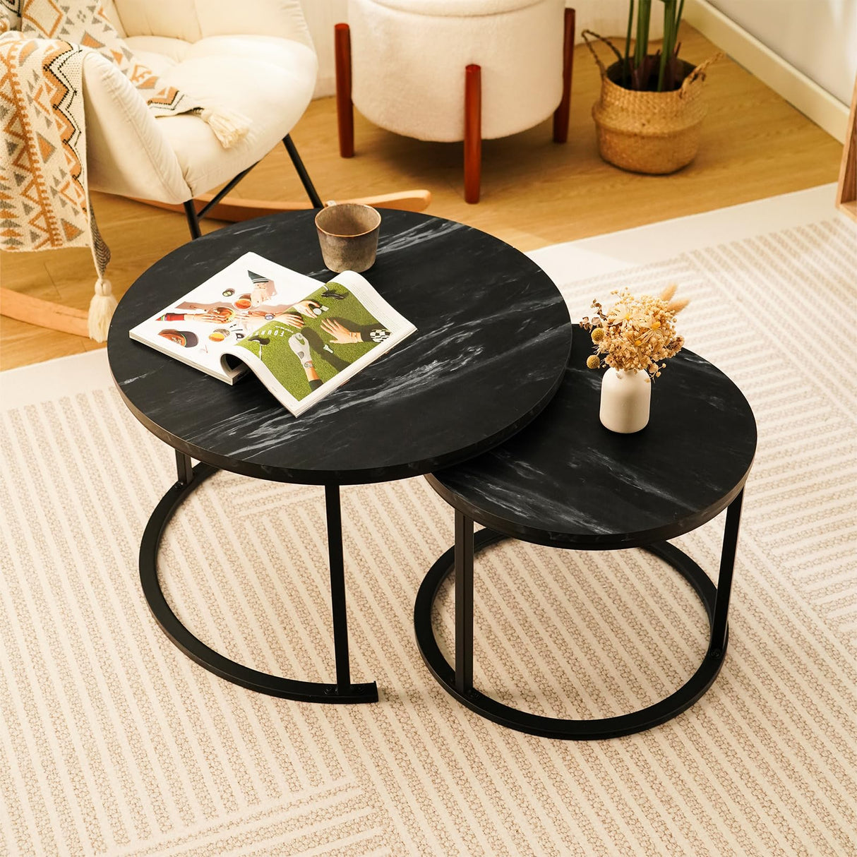 Round Nesting Coffee Set, Stackable Modern Accent Cocktail Table for Living Room Office Balcony,Nesting Tables 2 Piece with Solid Metal Frame and Easy Assembly (Black) EUROSAKURA