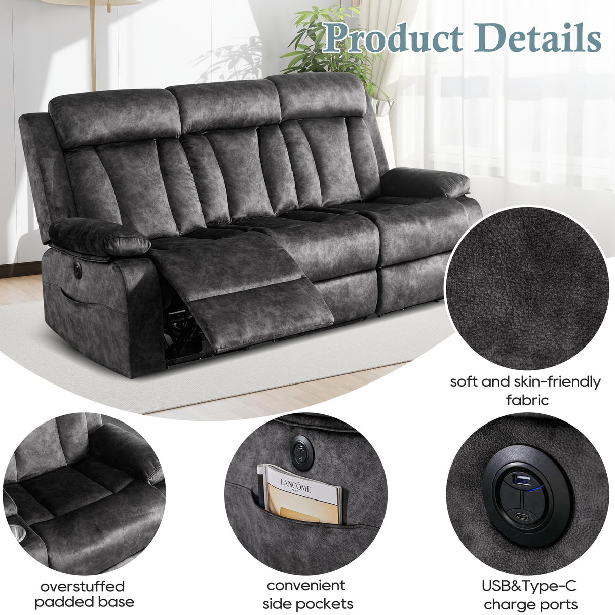 GUEAPY Power Reclining Sofa, 3-Seater Reclining Couch with Massage & Heat, Drop-Down Table, USB & Type-C Charging Ports, Cup Holders, Dutch Velvet, RV & Living Room Reclining Seating GUEAPY