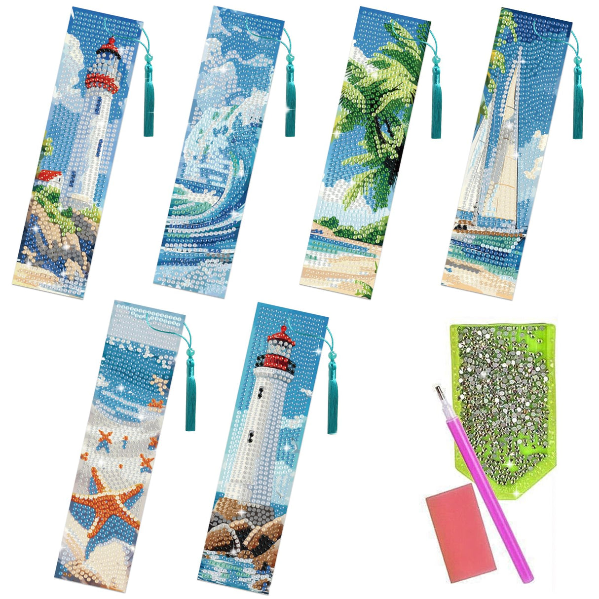 beinkmake 6Pcs Summer Ocean 5D Diamond Art Bookmarks Sea Diamond DIY Painting Bookmarks Lighthouse Sailboat Beach Starfish Rhinestones Beaded Acrylic Tassel Bookmark for Adult Beginner Crafts beinkmake