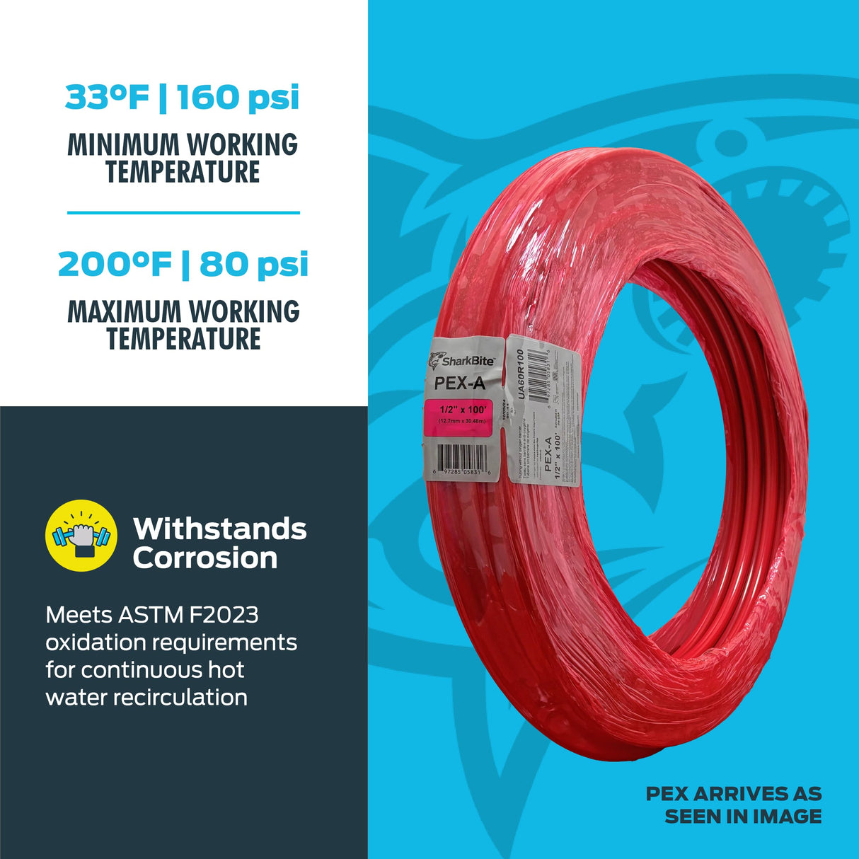 SharkBite 1/2 Inch x 100 Feet Red PEX-A, PEX Pipe Flexible Water Tubing for Plumbing, UA60R100 SharkBite