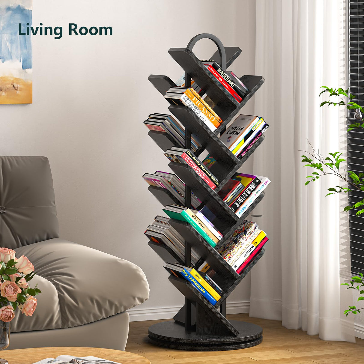 TVU 18-Tier Tree Rotating Bookshelf, 360 Degree Spinning Standing Bookcase for Magazines DVDs Books, Corner Bookcase for Living Room Bedroom Study (Black) TVU