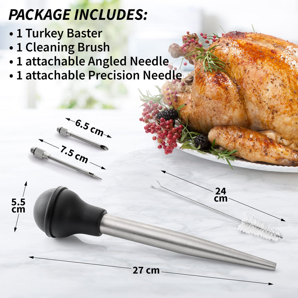 Zulay Kitchen Stainless Steel Turkey Baster for Cooking - Food Grade Metal Turkey Baster Syringe & Silicone Suction Bulb - Turkey Baster Large Size - Includes 2 Detachable Needles and Cleaning Brush Zulay Kitchen
