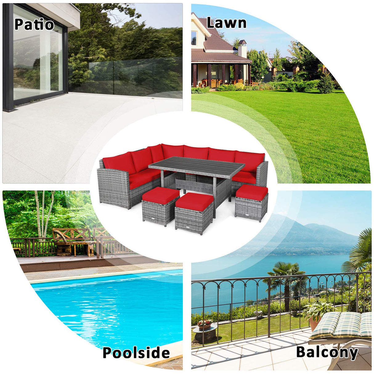 Tangkula 7 Pieces Patio Furniture Set, Outdoor Sectional Rattan Sofa Set with Cushions, All Weather Wicker Conversation Couch Set w/Dining Table & Ottomans for Backyard Garden Poolside Tangkula