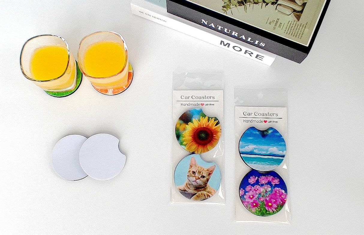 60PCS Sublimation Coasters Blanks, Round Car Coasters Sublimation Blanks Set, Car Coaster Packaging with Display Cards Bags, 4 Inch Blank Cup Mat for Sublimation Transfer Heat Press DIY Crafts GetALift
