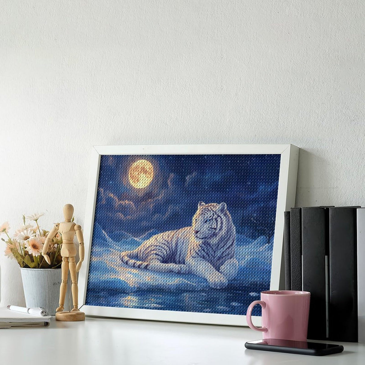 Tryadren Diamond Art Kit for Adults, White Tiger Under Full Moon Diamond Painting for Adults Beginners, 5D DIY Diamond Art Painting Kits Craft for Home Wall Decor 12x16 Inch No Frame Tryadren