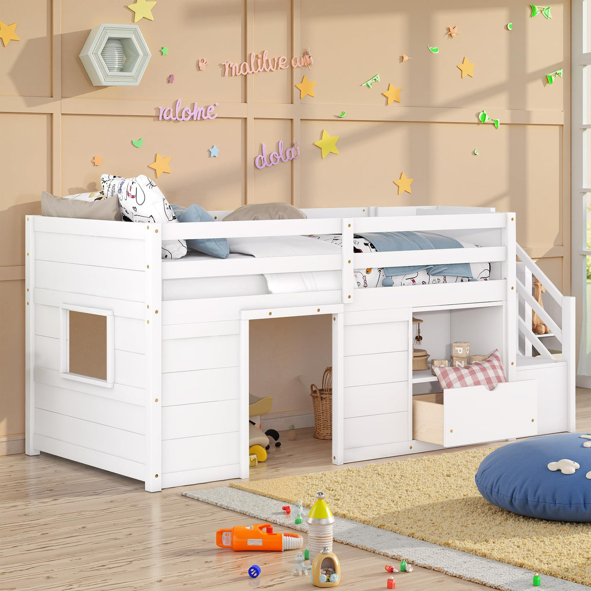 Osparple Twin Size Low Loft Bed, Kids Bed Frame with Shelf, Drawer and Stairs for Girls, Boys, Loft Bed with Storage, Strong Wood Slats Support, White Osparple