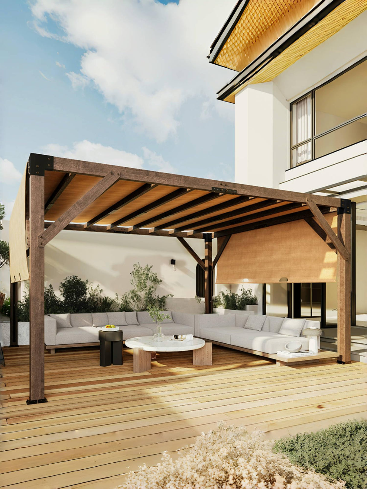 KYBOLT 12 X 14 Ft Wood Pergola with Retractable Sunshade Canopy, Solid Structure, Outdoor Pergola for Backyard, Deck, Garden (Reddish-Brown) KYBOLT