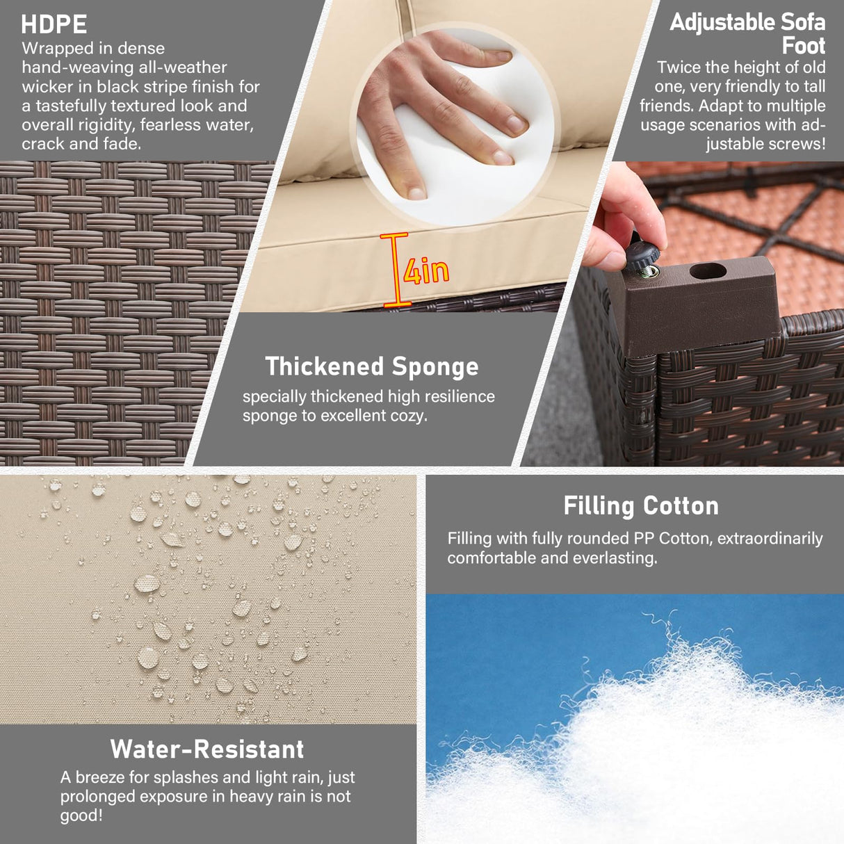 Oasishine Wicker Patio Furniture Patio Couch 3 Pieces Outdoor Sectional with Ottoman and Outdoor Storage Table with Lining Weathering Anti-Slip Cushions Furniture Covers, Khaki Oasishine