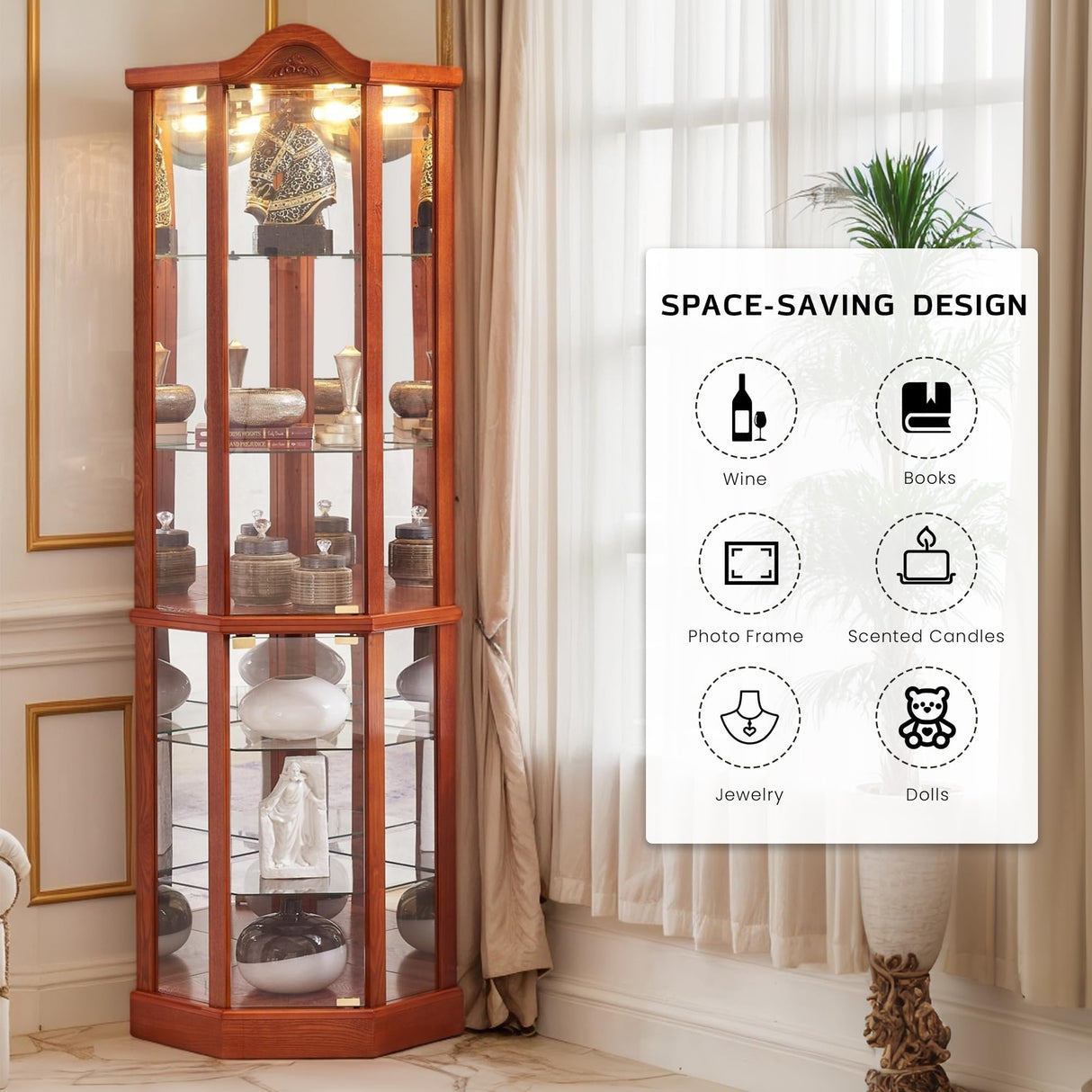 CKEASEAN 72" H Lighted Curio Cabinet with Light Blub, Glass Display Cabinet with 6 Adjustable Shelves, Tempered Glass Doors, Corner Wine Cabinet Storage Rack for Bar and Liquor Storage (Oak) CKEASEAN