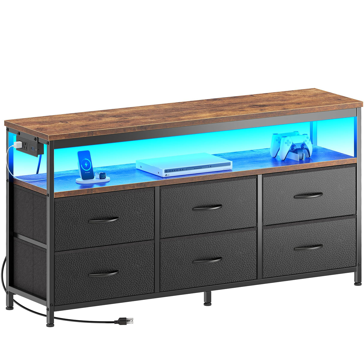 Huuger LED TV Stand for Bedroom, 47 Inch Dresser with Power Outlets, Entertainment Center for 55, 50, 43 Inch TV, 6 Drawer Dresser for Bedroom, Chest of Drawers with Shlef, PU Leather, Rustic Brown Huuger