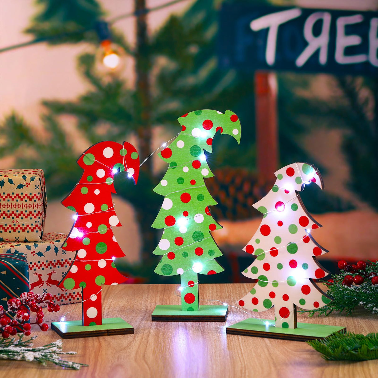 Meooeck 3 Pcs Green Tabletop Christmas Tree Christmas Tabletop Decor Bendable Wood Christmas Tree Decor Standing Wooden Trees with Rectangular Base for Home Office Meooeck
