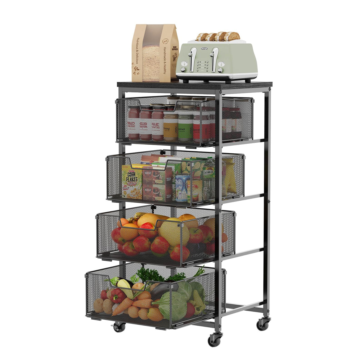 4-Tier Fruit Vegetable Storage Cart - Kitchen Organizer and Storage Cart with Wheels, Wooden Top Metal Wire Fruit Vegetable Rack Stand with Drawers to Storage Onions Potatoes Cans Snacks for Kitchen Yociyoga