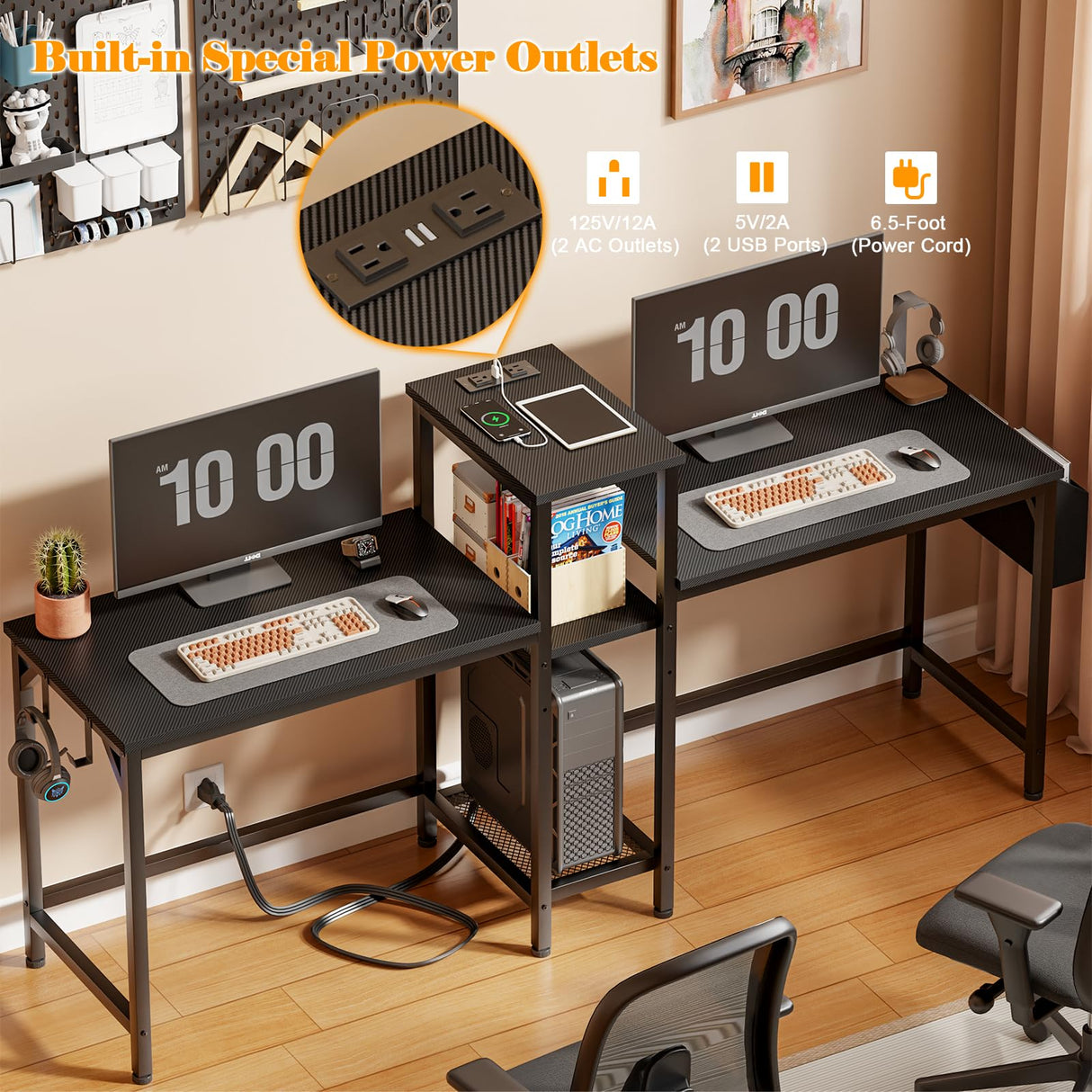 Furologee Double Desk with Power Outlets, 71 Inch Computer Desk with Storage Bag and Headphone Hooks, Gaming Desk Study Writing Table for Home Office, Black Furologee