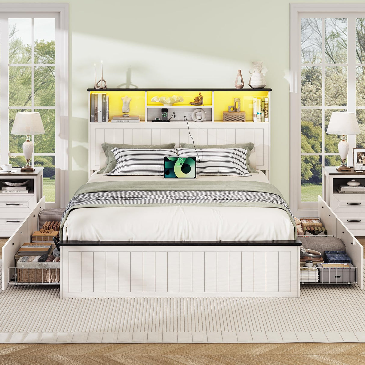 Yoobure Queen Bed Frame with Headboard - Farmhouse Wood Bed Frames Queen Size with 4 Storage Drawers, Platform Beds with Charging Station & LED Light, No Noise Double Bedframe, No Box Spring Needed Yoobure