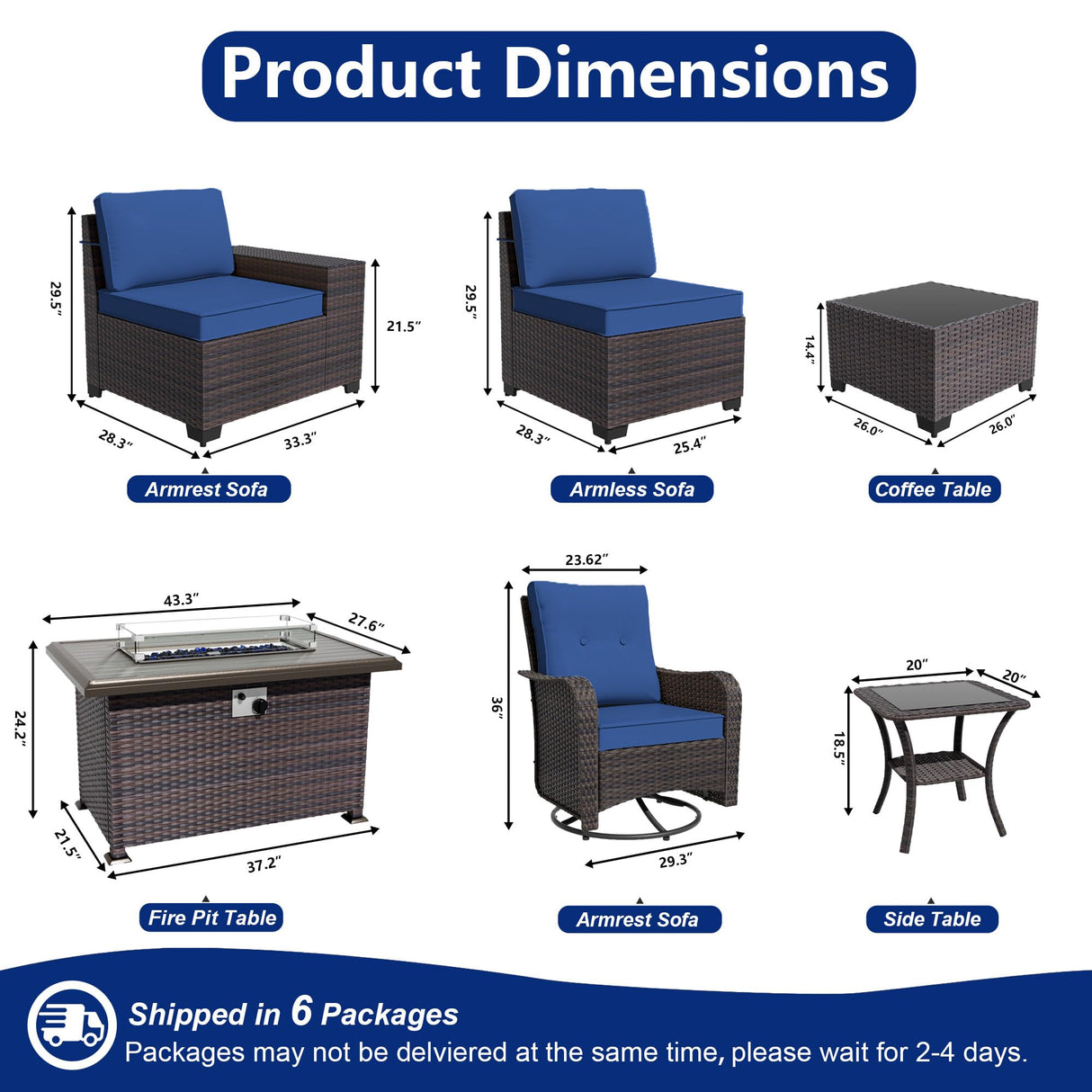 ASJMR 10 Pieces Patio Furniture Set with 2 Swivel Chairs Patio Furniture Outdoor Sectional Sofas with 55000 Gas Fire Pit Patio Conversation Set w/7 Cushions-Blue ASJMR