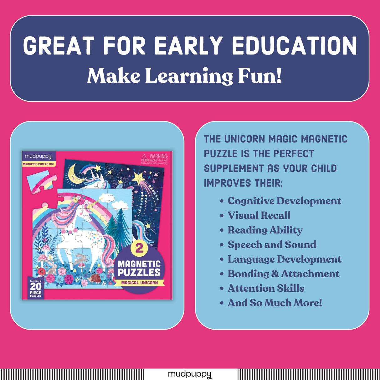 Mudpuppy Magical Unicorn - Tri Fold Magnetic Puzzles Featuring Two 20 Piece Unicorn Magic Themed Artwork Mudpuppy