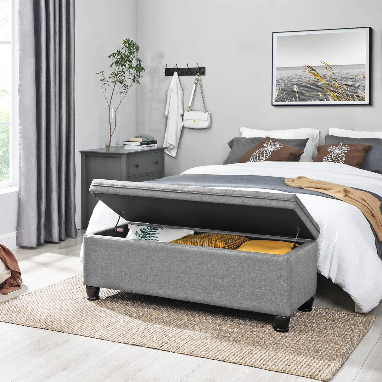SONGMICS Storage Ottoman, Storage Bench, Tufted Entryway Bedroom Bench, 17.7 x 46.5 x 17.7 Inches, Hinges Easy Lid Operation, Wooden Legs, Linen-Look Cover, Loads 330 lb, Light Gray ULOM070G02 SONGMICS