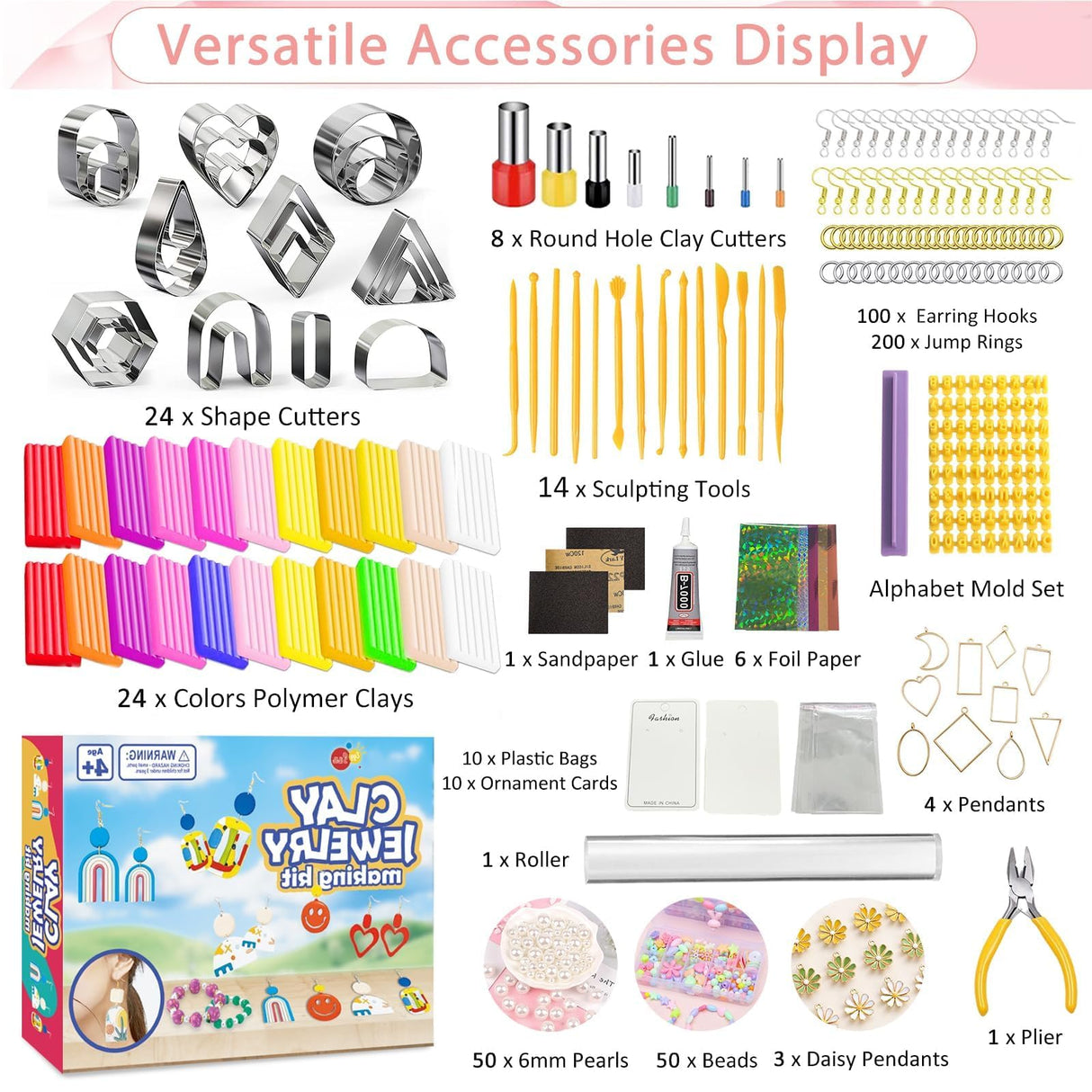 EggSun Polymer Clay Earring Kit & Clay Jewelry Making Kit with Cutters, 500+Pcs Jewelry Craft Supplies with 24 Oven-Bake Colors Cutters Ear Hooks Charms Beads Tools Instructions for Beginners & Adults EggSun