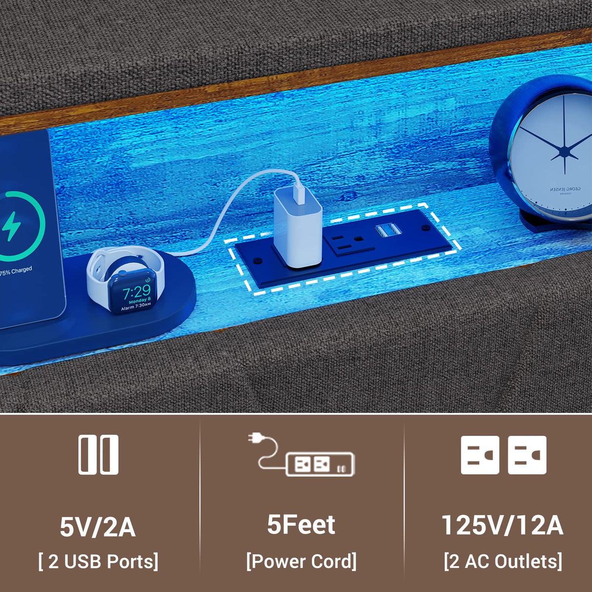 ADORNEVE Full Size Bed Frame with LED Lights and Storage Headboard, LED Bed Frame with Outlets and USB Ports, Upholstered Platform Bed with Hidden Storage, Easy Assembly, Dark Grey ADORNEVE